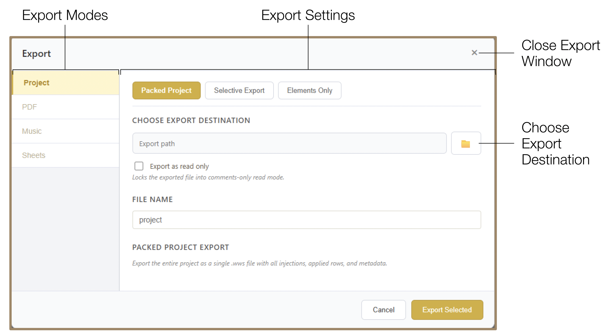 Export Window overview showing Project, PDF, Music, and Sheets modes in the sidebar